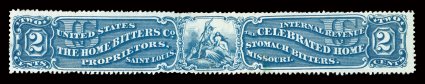 RS128d, The Home Bitters Co., 2c Blue, watermarked, well centered, rich color, small thin spot and light vertical crease, very fine appearance.