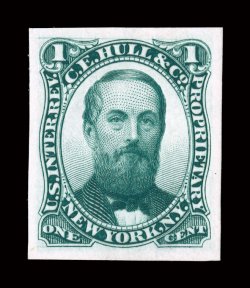 RS138TC1, Hull, C. E. & Co., 1c Green, trial color die proof on India, large margins, rich color and detailed impression, small thin spot, otherwise very
fine.