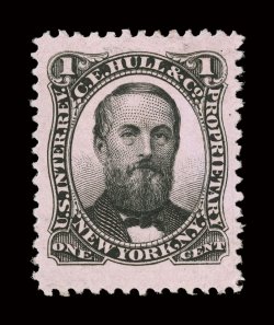 RS138c, Hull, C. E. & Co., 1c Black, pink paper, extraordinarily well centered amid huge margins that are rarely ever seen on this stamp, nice color and detailed impression,
extremely fine.