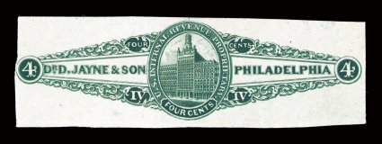 RS146d, Jayne, D. & Son, 4c Green, watermarked, imperforate, large margins to just touching at left, deep color, minor crease ending in a tiny tear at bottom, very fine
appearance despite its relatively modest catalog value, the known examples