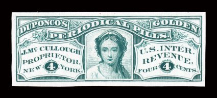 RS169TC1, J. McCullough, 4c Green, trial color die proof on India, large margins, rich color, trivial thin spot, otherwise very fine.