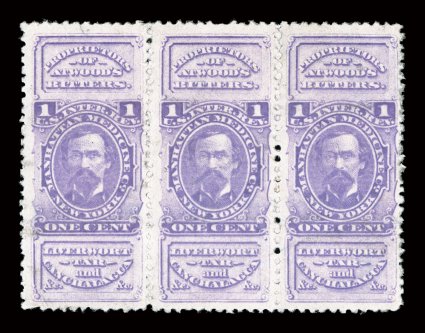 RS171du, Manhattan Medicine Co., 1c purple, watermarked, horizontal strip of three, all very well centered, bright color, thin spot and light crease, very fine
appearance.