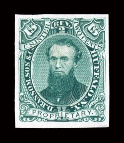 RS197TC1, D. Ransom Son & Co., 2c Green, trial color die proof on India, large margins, bright color, very fine.