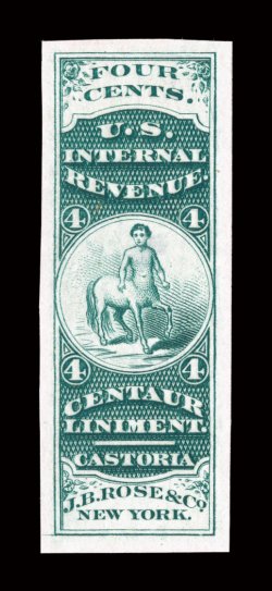 RS205TC1, Rose, J. B. & Co., 4c Green, trial color die proof on India, uniformly even margins, bright color and a well detailed impression, small thin spot, otherwise very
fine.