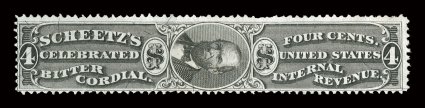 RS210b, Scheetzs Celebrated Bitter Cordial, 4c Black, silk paper, perforated, attractive color, fine.