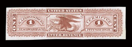 RS215c, Schwartz, J.E. & Co., 1c Lake, pink paper, imperforate, a wonderful example of this scarce stamp, with four full to large margins, rich color and lovely impression,
very fine.