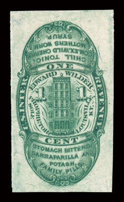 RS265b, Wilder, Edward, 1c Green, silk paper, imperforate, an impressive large-margined single in an intense deep green shade, incredibly well centered, fresh, few small thin
spots that do not detract from the overall extremely fine appearance o