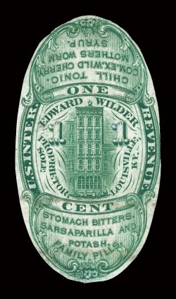 RS266e, Wilder, Edward, 1c Green, experimental silk paper, die cut, well centered and barely touching in the design only at right, bright color, small thin spot, otherwise
nearly very fine.