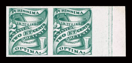 RS277c, Zeilin, J. H. & Co., 2c Green, pink paper, right sheet margin horizontal pair, other three margins quite large, beautiful green color showing the ink from the plate
wash quite well, extremely fine.
