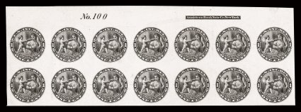 RT2P3, Corning & Tappan, 1c, plate proof on card, top margin imprint and plate number No. 100 block of fourteen, a beautiful multiple of this popular and unique design, highly
detailed impression, fresh color, crease affecting only two proofs,