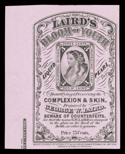 RT14c, Laird, Geo. W., 3c Black, imperforate, pink paper, a remarkable left sheet margin single showing a partial imprint and a portion of the adjoining stamp at top,
especially deep bright pink colored paper, large to huge margins all around, a