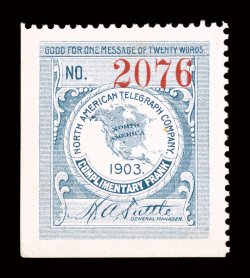 10T4, North American Telegraph Co. 1903 Blue, remarkably well centered, fresh color, o.g., lightly hinged, extremely fine and choice.