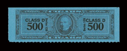 Cigar Revenue lot, consisting of 27 tax stamps, each on deep blue paper, similar basic design showing Henry Clay, different Series, Class and quantities of cigars, not
cancelled, without gum as issued, very fine selection.