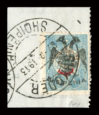 15, 1913 1pi Bright blue, scarce used single, tied to piece by c.d.s. postmark, quite fresh, trivial bend at top right, fine clear 1990 PF certificate
ex-Gilbert.