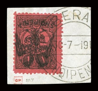 18 var., 1913 1pi Black on deep rose, inverted overprint, tied to piece by c.d.s. postmark, strong colors, very fine the normal stamp itself is rare, with only 345 printed,
however only a minute fraction of those exists with an inverted overpri