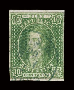 9, 1864 10c Green, four ample to large margins, rich bright color and a clear impression, light c.d.s. cancel, tiny trace of a thin spot, otherwise very fine 1960 and 1991 PF
certificates.