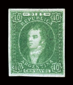 15A, 1867 10c Green, without gum as issued, a handsome example of this rare classic stamp, possessing large balanced margins all around, rich luxuriant color, well defined
impression on fresh paper, faint trace of a shallow thin and light horizo