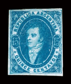 16, 1867 15c Blue, without gum as issued, with the postal administration handstamp on reverse, a lovely example of this scarce stamp, possessing deep intense color and an
especially strong impression on fresh white paper, four full to large marg