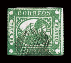 3, 1858 3P Green, a fresh and sound used example of this elusive stamp, rich color on clean white paper, margins just touching at bottom left, fine 1990 PF
certificate.