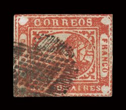 4, 1858 4P Vermilion, margins all around, strong color and impression, diamond grid cancel, small filled thin and trivial corner crease, very fine appearance a rare and
difficult stamp 1993 PF certificate.