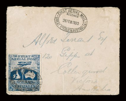 1919 Ross Smith vignette, tied by First Aerial MailGreat Britain to AustraliaReceived26 Feb 1920 oval flight cachet on cover addressed to Collingwood, Victoria, additional
strike at top, stamp with small fault at bottom and cover with some f