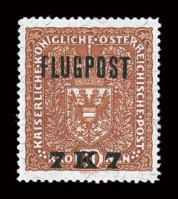 1918 7K7 on 10K Red brown air post, prepared but never issued, exceptionally well centered, deeply rich color, o.g., lightly hinged, extremely fine a choice example of this
elusive stamp (Michel IIA Ç650).