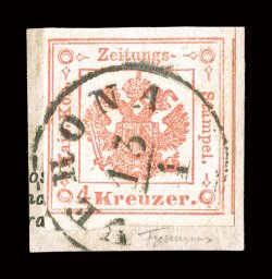 PR3, 1858 4kr red newspaper tax stamp, tied to piece by clean strike of a Verona c.d.s., full to mostly large margins all around, lovely rich color and a crisp detailed
impression on fresh paper, there is a tiny tear at the bottom of the left ma