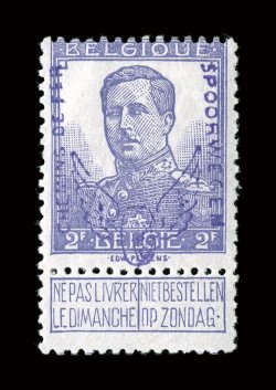 Q59, 1915 2Fr violet railway stamp, another example of this rarely offered stamp, quite fresh, o.g., lightly hinged, fine signed Rendon and accompanied by a 2008 Van der
Linden certificate (Michel 56 Ç2,000).