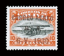 C13, 1930 10c Vermilion and black air post with brown overprint, excellent centering, bright and fresh, o.g., lightly hinged, very fine signed a couple times and accompanied
by a 1990 Rendon certificate.