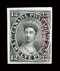 Unitrade 3Pi, 12p Black, plate proof on India with carmine Specimen overprint, full to large margins all around, strong fresh color, faint crease, otherwise very fine an
affordable and attractive alternative to the rare stamp 2002 Greene Fou