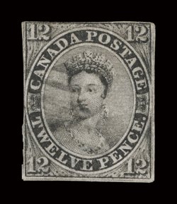 3, 1851 12p Black on laid paper, a most presentable used example of this classic rarity, ample margins to just into the design at top left and along left side, strong color
and impression, unusually light cancel, the only flaw is a tiny sealed t
