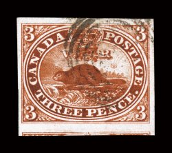 4a, 1852 3p Brown red on medium wove paper, four large margins showing part of adjoining stamp at bottom, rich luxurious color, light target cancel, extremely fine and choice
(Unitrade C$350.00).