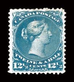 28b, 1868 12 12c Deep blue on thin paper, very well centered, deep intense color and a strong impression, slightly disturbed o.g., h.r., very fine ex-Chapin (Unitrade
C$2,700.00).