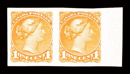 35b, 1870 1c Yellow, imperforate, right sheet-margin horizontal pair, very large margins all around, bright color, o.g., lightly hinged, extremely fine and choice ex-Chapin
(Unitrade C$600.00).