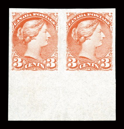41b, 1891 3c Rose vermilion, imperforate, unused large bottom sheet-margin horizontal pair, without gum (as many were issued), other margins are large as well, radiant color,
minor bend in selvage of no consequence, extremely fine ex-King (