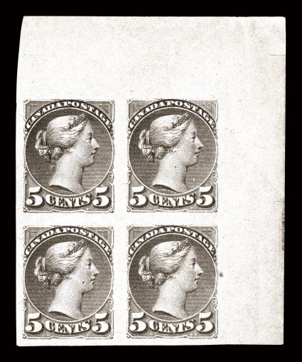 42a, 1888 5c Gray, imperforate, top right corner sheet-margin block of four, other two margins large and even, rich color, o.g., lightly hinged, top right stamp with small
thin spot, otherwise extremely fine and handsome ex-Chapin, King (Un