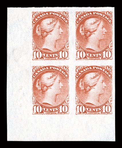 45c, 1897 10c Brown red, imperforate, unused bottom left corner sheet-margin block of four, without gum (as many were issued), large margins, attractive color, extremely fine
the brown red shade is scarcer imperforate than the usual rose carmin