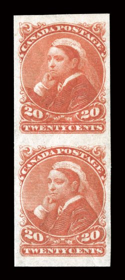46a, 1893 20c Brown orange, imperforate, vertical pair, large margins all around, rich vibrant color and a highly detailed impression, o.g., natural paper wrinkles, otherwise
extremely fine a scarce imperforate with only 200 stamps issued, maki