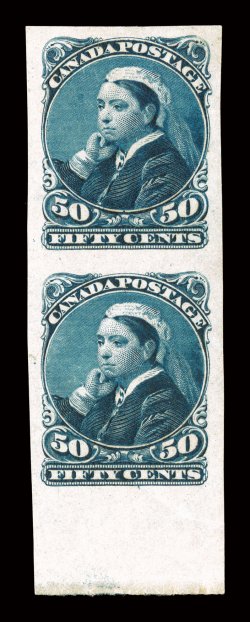 47a, 1893 50c Deep blue, imperforate, bottom sheet-margin vertical pair, other margins are extra large to huge margins as well, deep intense color and impression on fresh
white paper, full o.g., lightly hinged, extremely fine very scarce imperf