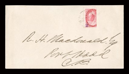 88C, 1899 2(c) Violet Port Hood handstamp surcharge on 23 of 3c Carmine, a single of this very rare provisional surcharge tied to an especially choice locally addressed cover,
with a light but clear strike of Port HoodN.S.Ja 599 first da