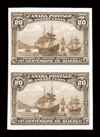 96a-103a, 1908 12c-20c Quebec Tercentenary, imperforate cplt., attractive set of matched vertical pairs all from the first printing, without gum as issued, marvelously fresh,
with gorgeous intensely rich colors characteristic of the first print