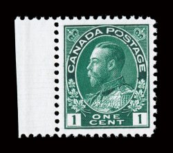 Unitrade 104viii, 1911 1c Deep blue green, hairlines variety, left sheet margin single with horizontal hairlines from plate cracks, wonderfully well centered, pristine o.g.,
n.h., extremely fine 2002 Greene Foundation certificate.