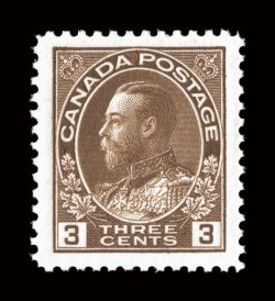 108c, 1923 3c Brown, dry printing, stunning mint single, being remarkably well centered within huge margins all around, the size of which is rarely encountered on any Admiral
stamp, rich luxuriant color and a deeply etched impression, o.g., n.h.
