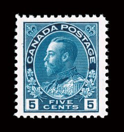 111, 1914 5c Dark blue, huge four margin example with rich color and sharp impression, o.g., n.h., fresh and extremely fine (Unitrade C$600.00).