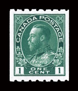 123, 1913 1c Green, perf. 8 horizontal coil, unusually well centered coil single, deep rich color, o.g., n.h., extremely fine (Unitrade C$450.00).