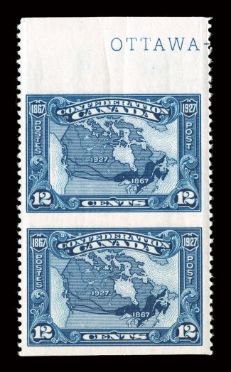 141c-45c, 1927 1c-12c Confederation, imperforate horizontally, complete set in vertical pairs, all but the 5c are top sheet-margin examples, exceedingly fresh, o.g., n.h., 12c
with minor gum bend, very fine (Unitrade C$1,200.00).