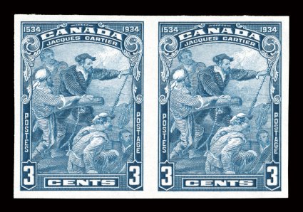 208a, 1934 3c Cartier, imperforate, pristine horizontal pair, large margins all around, gorgeous color on immaculate white paper, o.g., n.h., extremely fine (Unitrade
C$1,200.00).