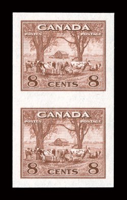 249d-56a, 1c-8c King George VI War Issue, imperforate, in horizontal pairs except 4c Greenish black and 8c are vertical pairs, very large and even margins throughout,
brilliant colors, o.g., lightly hinged, extremely fine (Unitrade C$3,200.00).