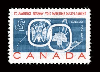 387a, 1959 5c St. Lawrence Seaway, center inverted, an outstanding mint example of this rare and popular error, possessing an incredible overall freshness and brilliance, plus
it is extraordinarily well centered within large margins, o.g., n.h.,