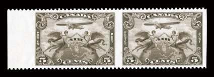 C1c, 1928 5c Brown olive air post, imperforate vertically, choice left sheet-margin horizontal pair, exceptionally well centered, strong rich color, o.g., n.h., extremely fine
(Unitrade C$450.00).